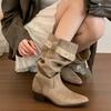 Vintage Pleated Women Western Cowboy Boots Fashion Pointed Toe Thick Heels Ladies Mid Calf Booties