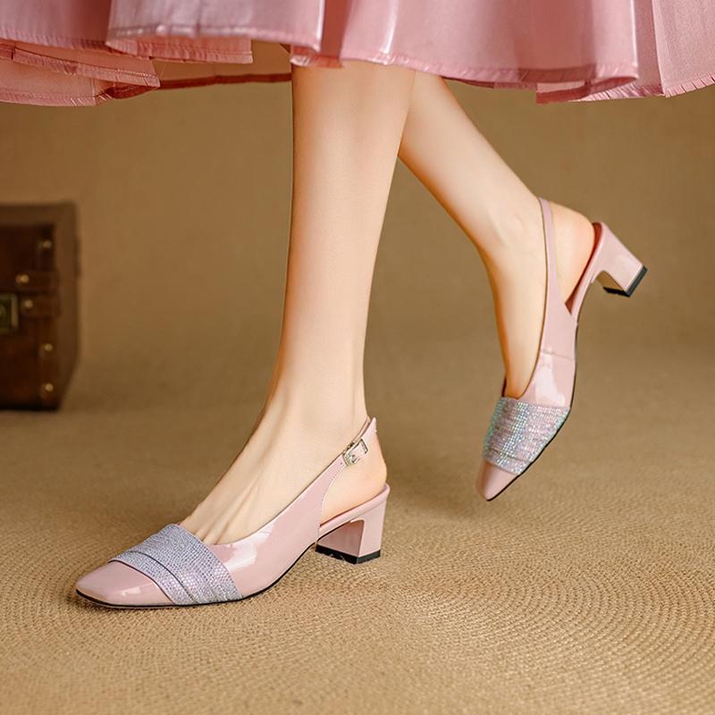Fashion Women's New Spring and Summer Genuine Leather Sheepskin Rhinestone High-heeled Shoes with Loose Buckle Toe and Mueller Sandals