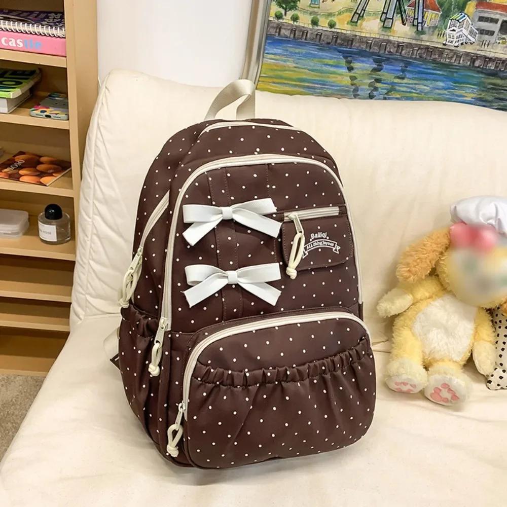 

New Polka dot Bow Girls Backpack Large-capacity Anti-theft Student Schoolbag Nylon Multi-compartment Travel Computer Backpack кофейный
