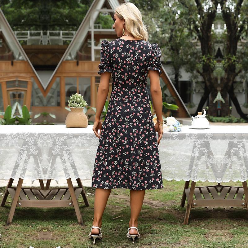 Summer retro pastoral floral dress v-neck bubble sleeve dress