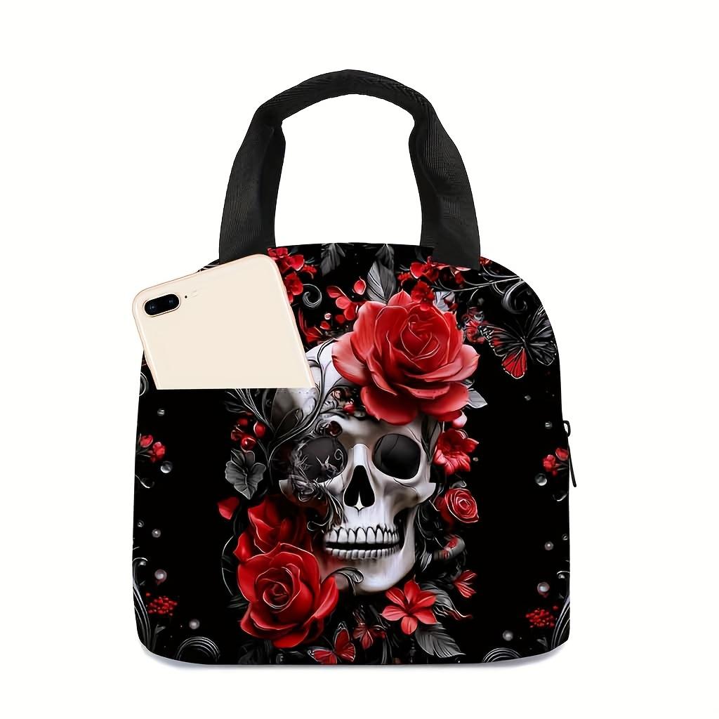 Skull Print Lunch Bag a Women'S Portable Storage Bag for Keeping Fresh While Out Trendy Insulated Bag Not for Contact