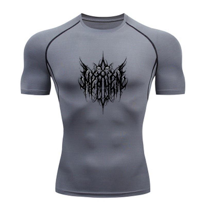 Men's Compression Fitness Sports T-shirt, Quick Dry Stretchy Athletic Shirt with Extreme Black Gothic Print for Workout