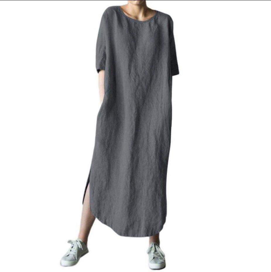 Cotton Linen Loose Fit Casual Dress With Pockets For Office Wear 2024 Autumn