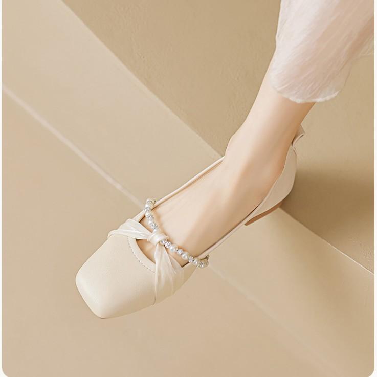 Elegant temperament square head beaded thick heel Mary Jane 2025 new lazy one-pedal soft-soled shallow mouth commuting shoes