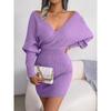 Solid Color Sexy Cross V Neck Batwing Long Sleeve High Waist Bodycon Pencil Mini Dress For Women