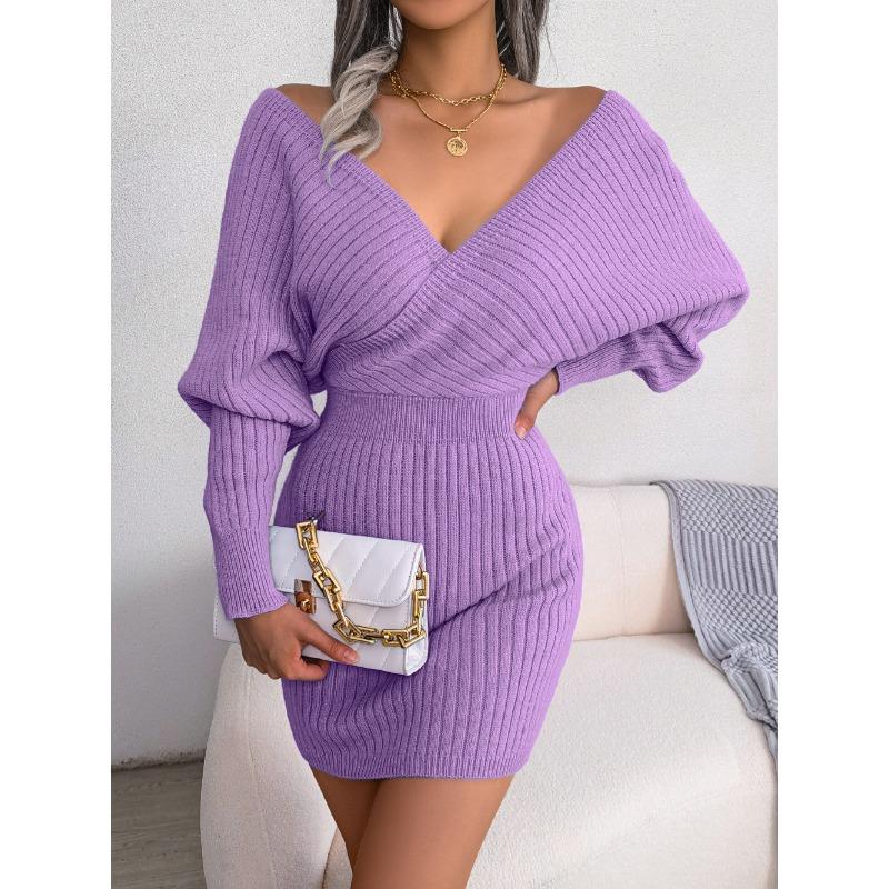 Solid Color Sexy Cross V Neck Batwing Long Sleeve High Waist Bodycon Pencil Mini Dress For Women