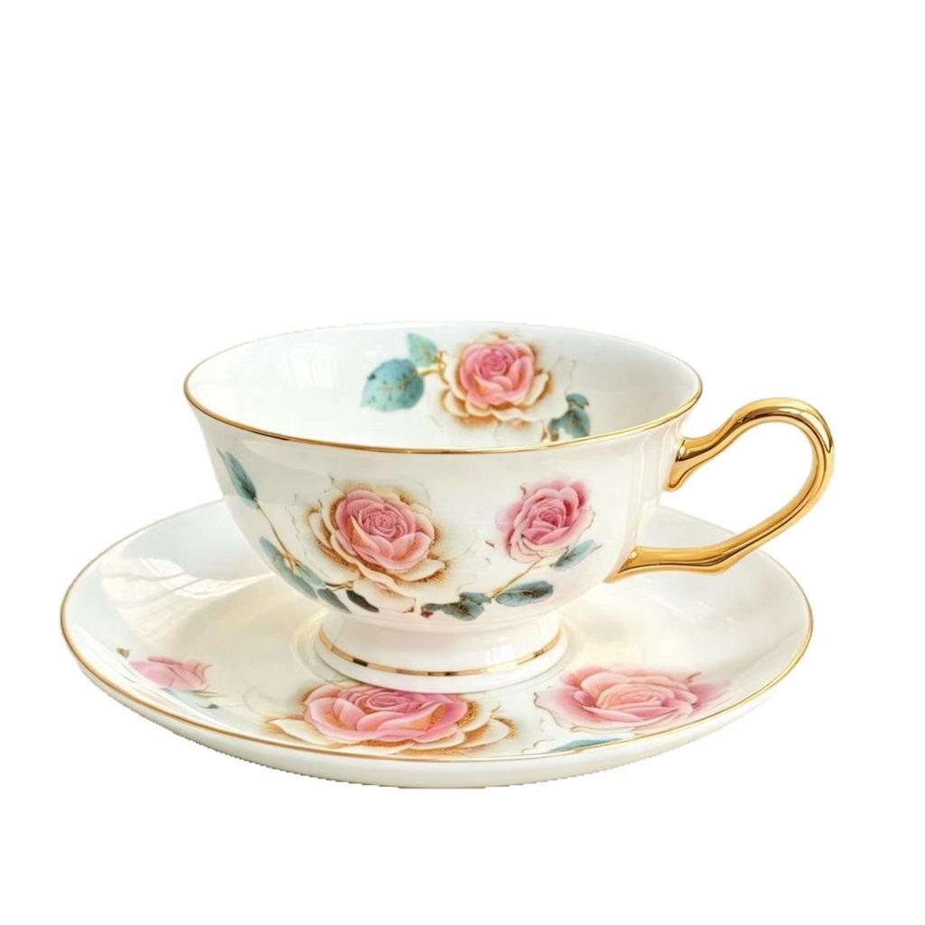 Vintage Rosen Keramik Kaffeetasse und Untertasse Set, Goldrand Porzellan Teetasse, Elegantes Blumenmuster Teetasse für Nachmittagstee Heimdeko Geschenk