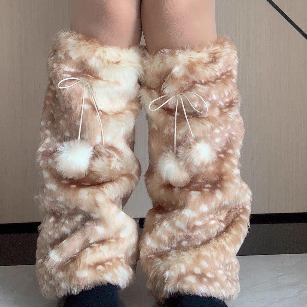Y2k Furry Leg Warmers Fawn Dot Long Stockings Vintage Plush Leg Coverings  Accessories