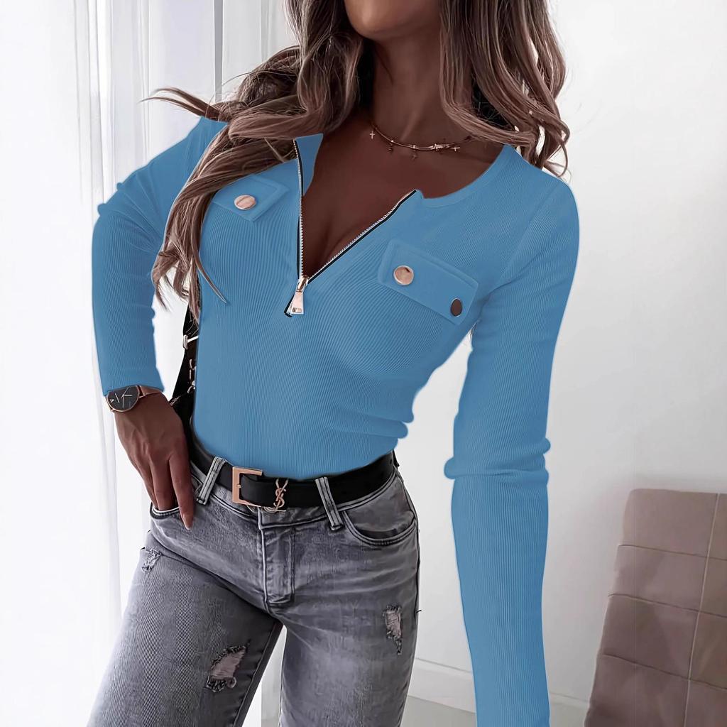2025 Women's Ribbed Knit Slim-Fit V-Neck Long Sleeve Pullover with Metal Zipper