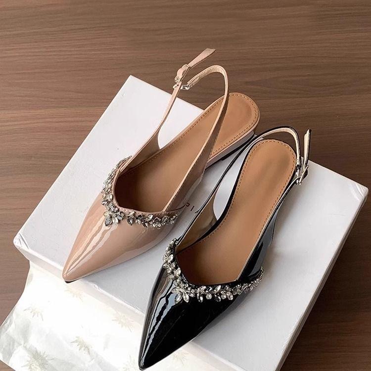 2025 new pointed head shallow mouth single shoes women's flat shoes female temperament celebrity with skirt rhinestone bag head sandals women's summer