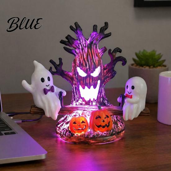 Creative Gothic Style Night Lamp Animated Seesaw Ghost Light USB Powered 3D Cute LED Small Light for Hallway with Spooky Tree And Pumpkin Design,