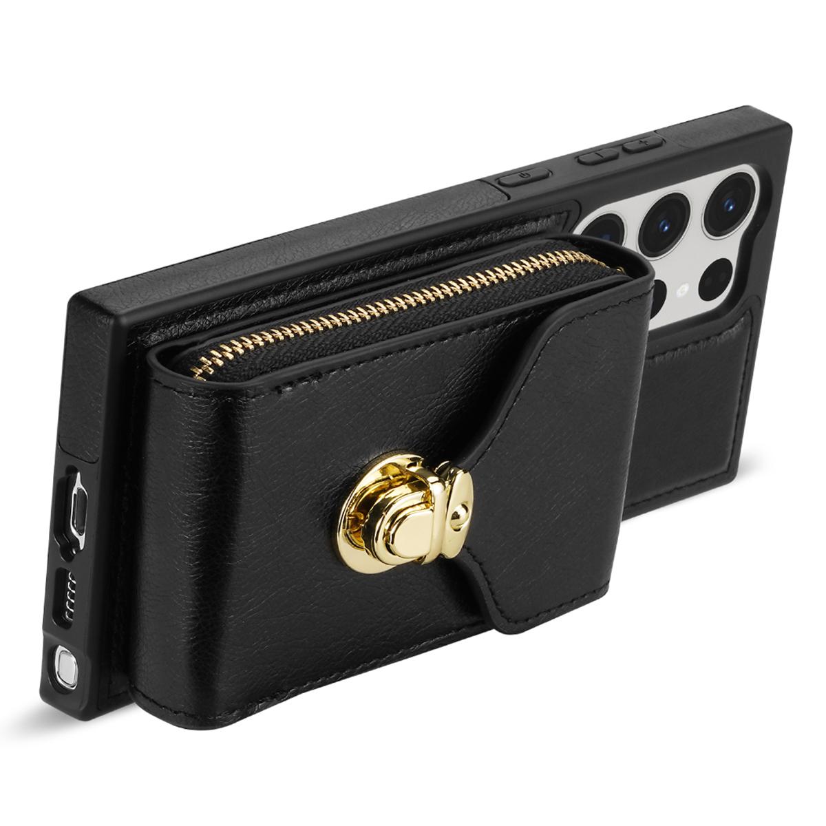 

For Samsung Galaxy S25 Ultra Case Zipper Wallet Leather+TPU Phone Cover with Strap Black