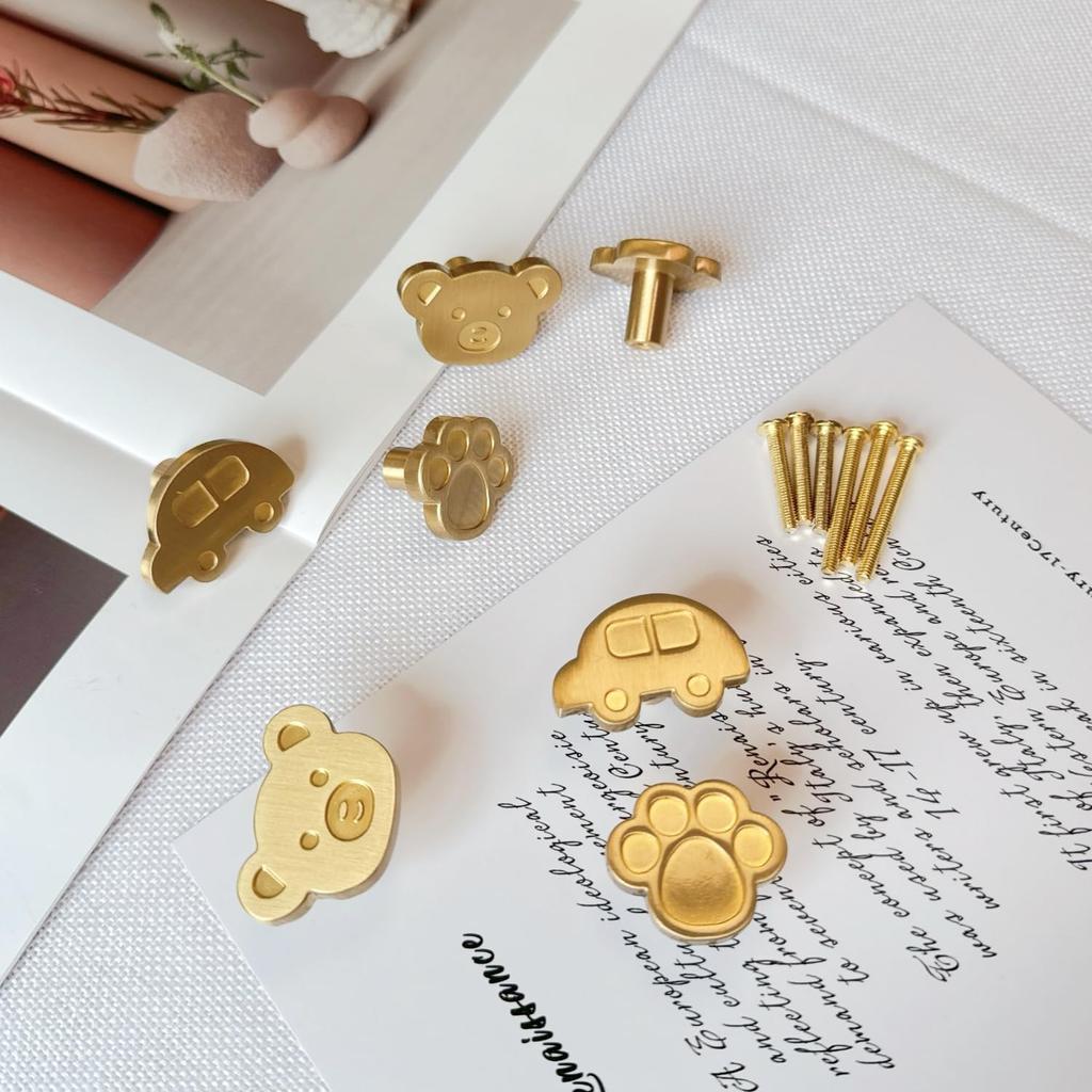 6pack Brass Knobs for Kids, Car Shape Pulls for Nusery Room, Cute Decorative Handles for Boys and Girls (Bear)