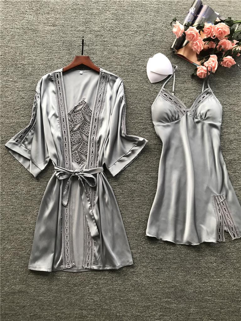 MAITA Sexy Sling Pajamas In Spring, Women's Nightgown with Chest Pad, Ice Silk Long-sleeved Pajamas, Two-piece Suit, Home Clothes