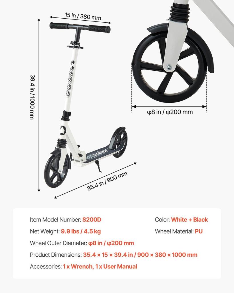 Kick Scooter for Kids Ages 8+, Teens & Adults, 2-Wheel Toddler Scooter with Adjustable Height Handlebar, Wide Anti-Slip Deck, Foldable Lightweight for