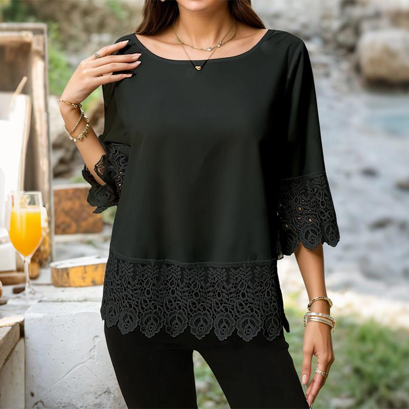 

ZANZEA Женская повседневная блузка с круглым вырезом, рукавами до локтя, свободного кроя, с кружевной вставкой XL