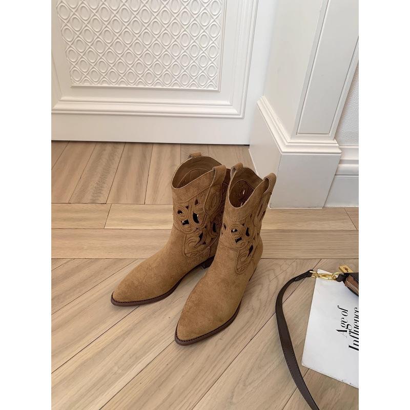 

Версия из коровьей кожи~ Ботильоны Spice Girl с острым носком и толстым каблуком, женские ботинки-рыцари с полой вышивкой, ботинки-ковбои в западном стиле до середины голени 40