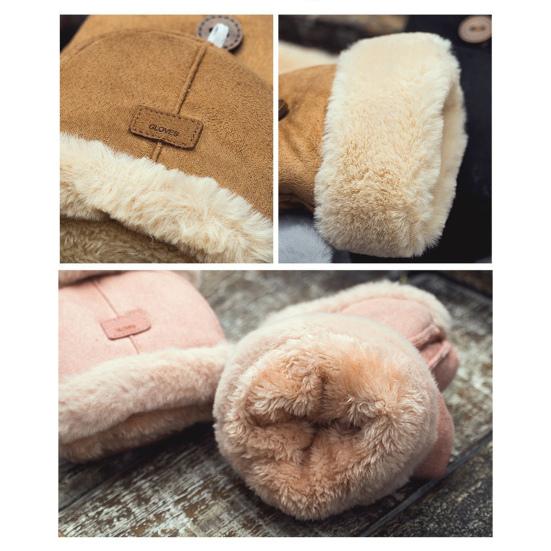 Women Winter Suede Gloves Thickened Convertible Fingerless Mittens Fleece-lined Warm Gloves with Fluffy Cuffs for Outdoor Cycling Hiking