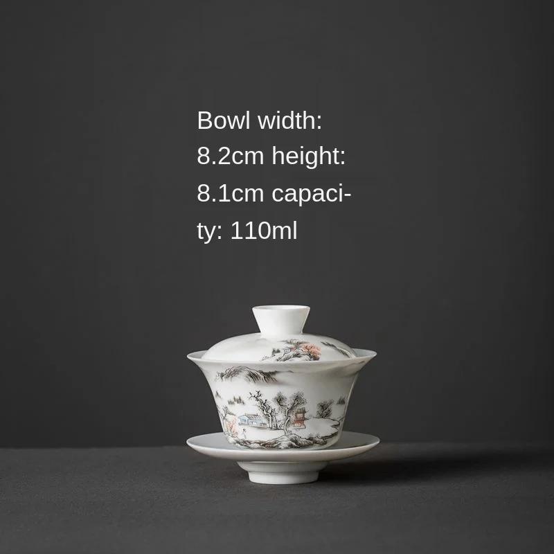 Weiße Keramikschale mit Deckel Hammelfett-Jaspis Teeschale Handbemalt Blau und Weiß Gaiwan Haushalt Kung Fu Schale