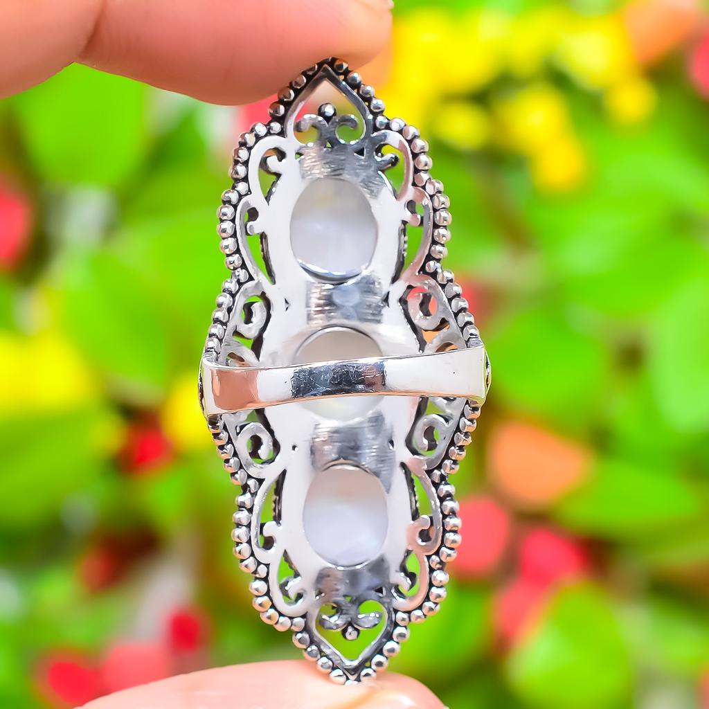 Natural Rainbow Moonstone Gemstone 925 Sterling Silver Ring Size 9.5 F3V52