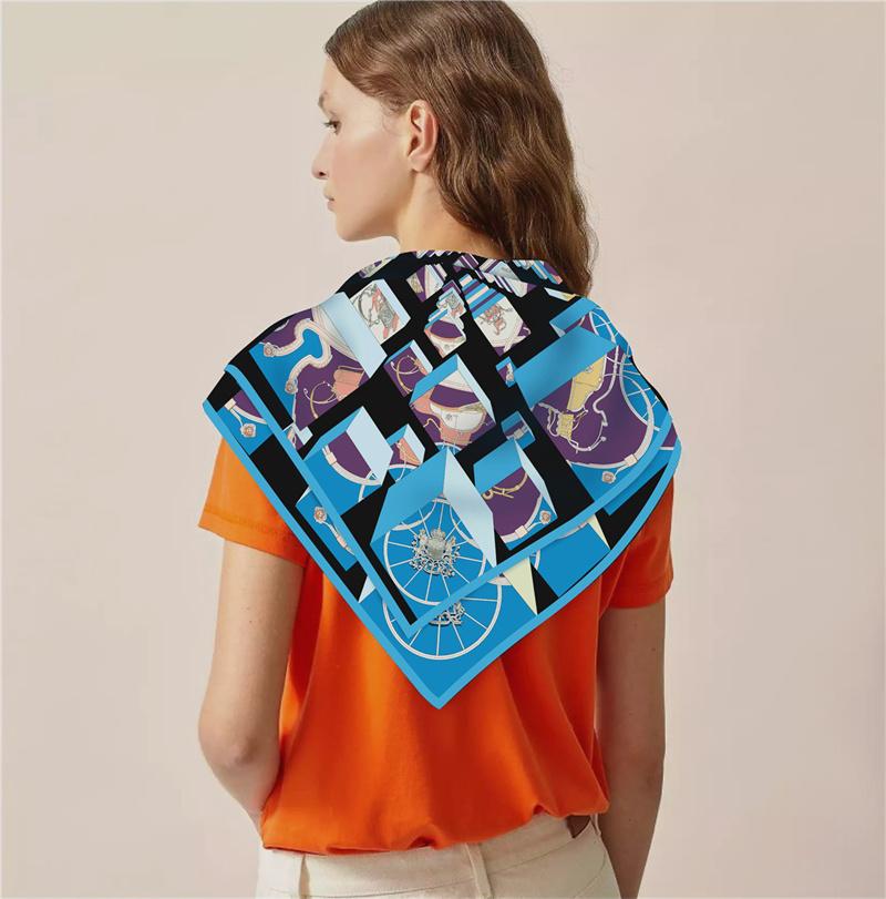 90x90cm New Design Shawl Geometric Printed Silk Scarf Square Scarves Lady Wraps Kerchief Woman Neck Shawl Wraps Echarpes