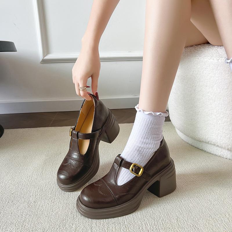 Thick sole heightening black round head Mary Jane women's shoes new thick heel retro single shoes versatile small leather shoes