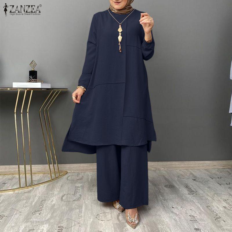 ZANZEA Women Muslim Long Blouse and Pants Casual Two Piece Suit Sets