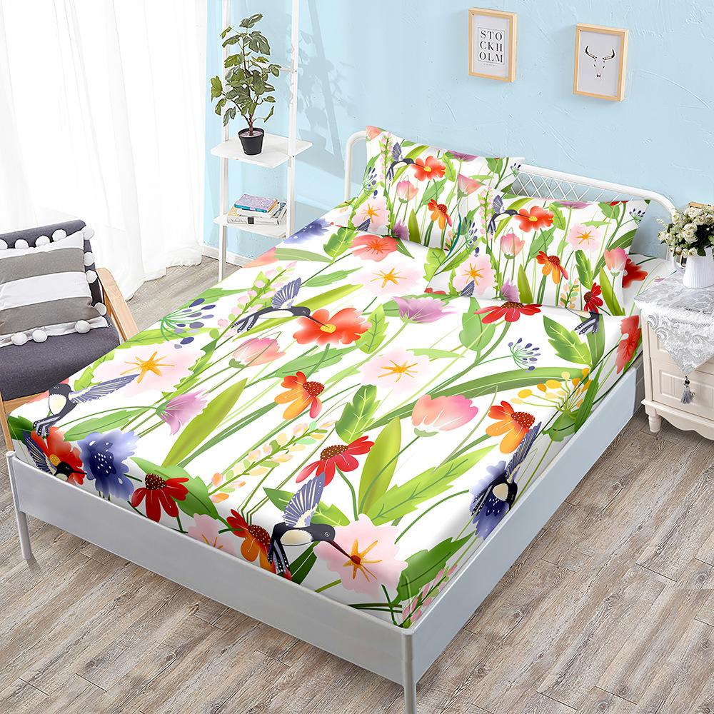 Three-Piece Mattress, Mattress Cover, Flower Floral Pastoral Mattress Protective Cover
