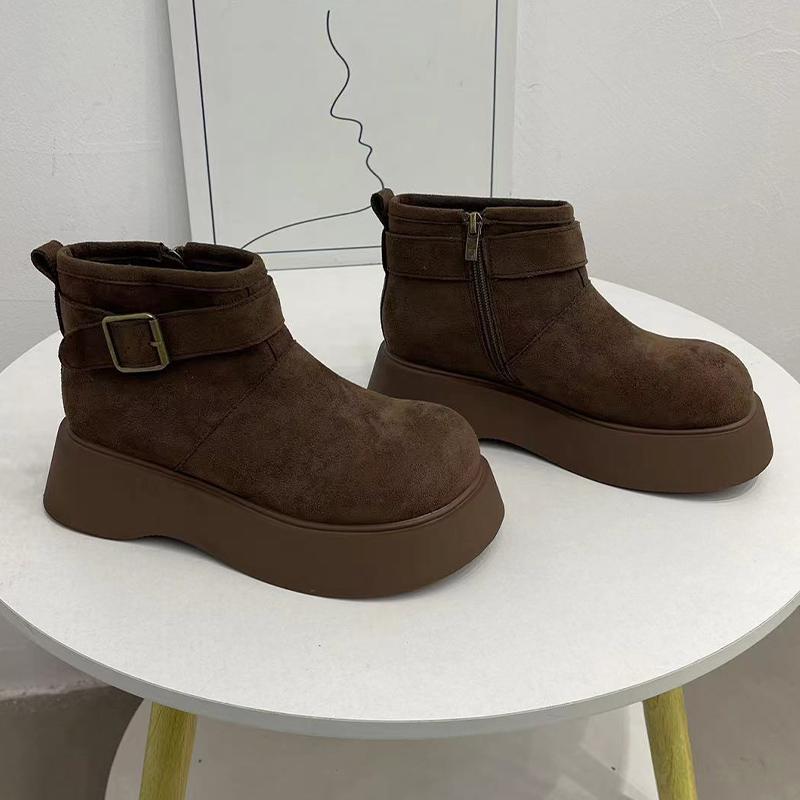 Platform Women Snow Ankle Boots Suede Short Plush Mid Heels Cotton Shoes 2025 Trend Warm Cozy Buckle Winter Designer Botas Mujer