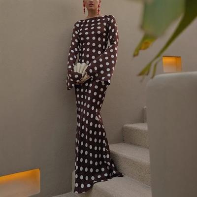 Women's Round Neck Long Sleeve Flared Mermaid Maxi Dress Loose Waist Elegant Polka Dot Print Summer Party Dress