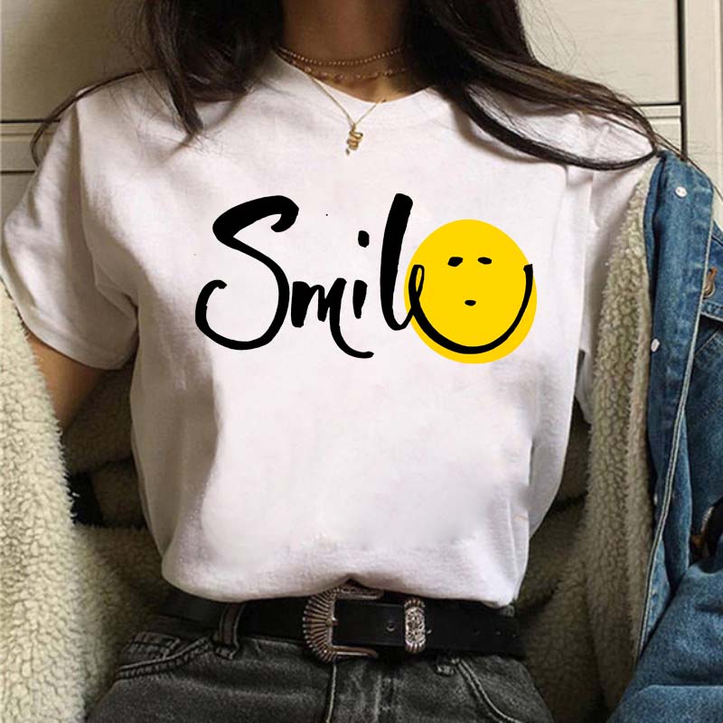 Maycaur Women T Shirt Smile Daisy Print Tshirt Women Short Sleeve O Neck Loose T-shirt Ladies Summer Causal Female Clothes