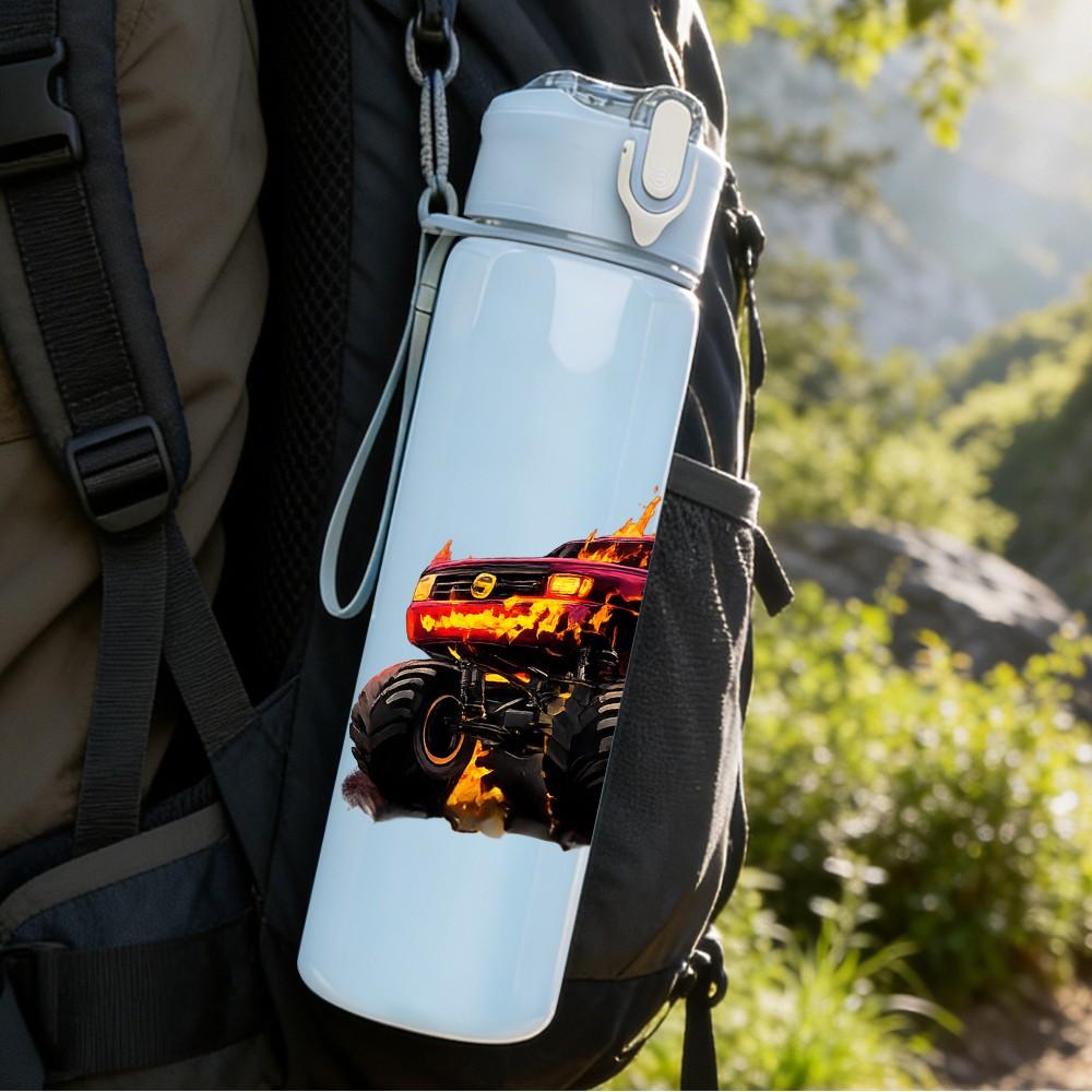 1PC Burning Fire Monster Truck Print 750ml Color Plastic Sports Water Bottle Leakproof Flip Straw Lid Suitable for Sports Office Home Use