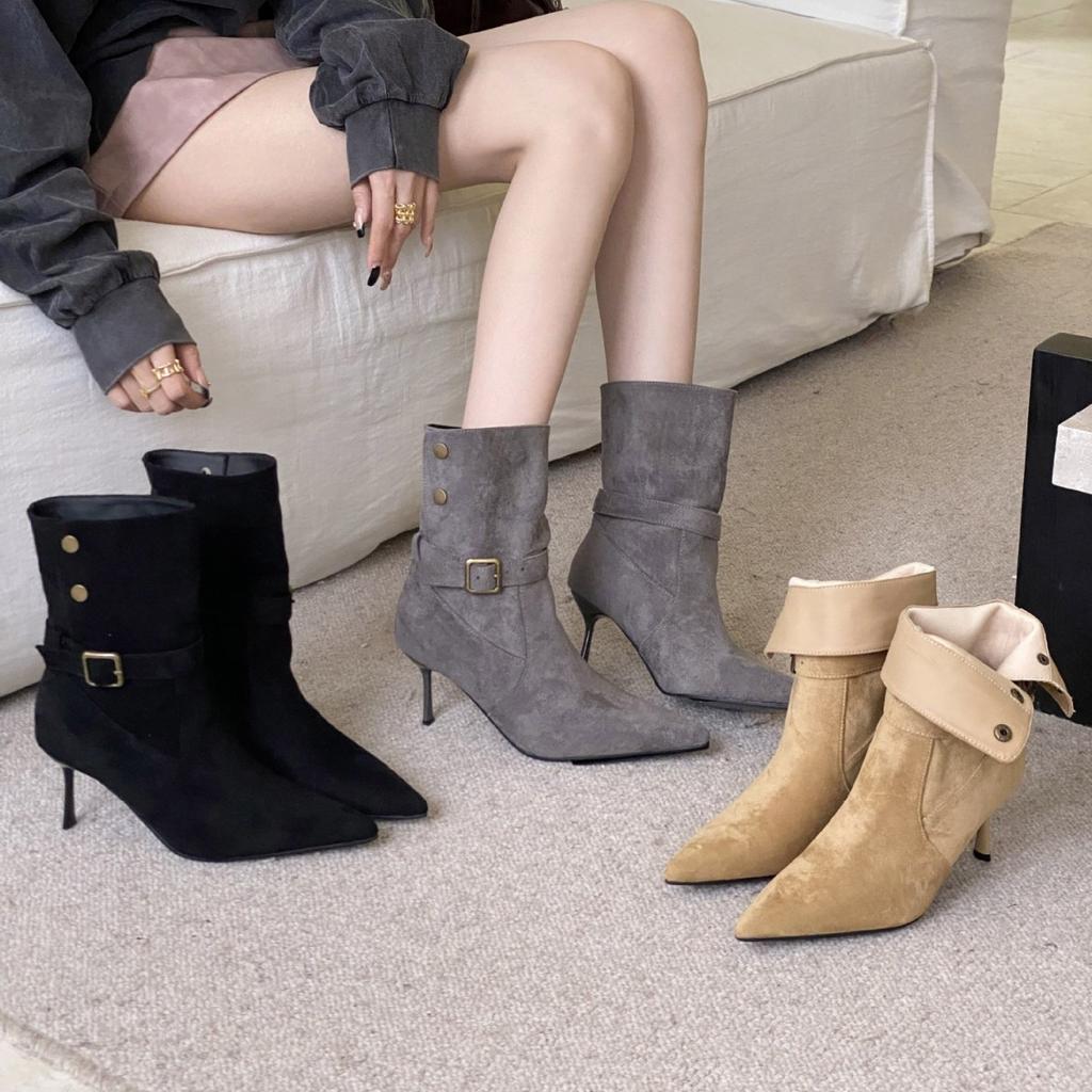 2025 Autumn and Winter New Pointed Thin Heel High Heel Suede Temperament French Fashion Sexy Beautiful Women Short Boots