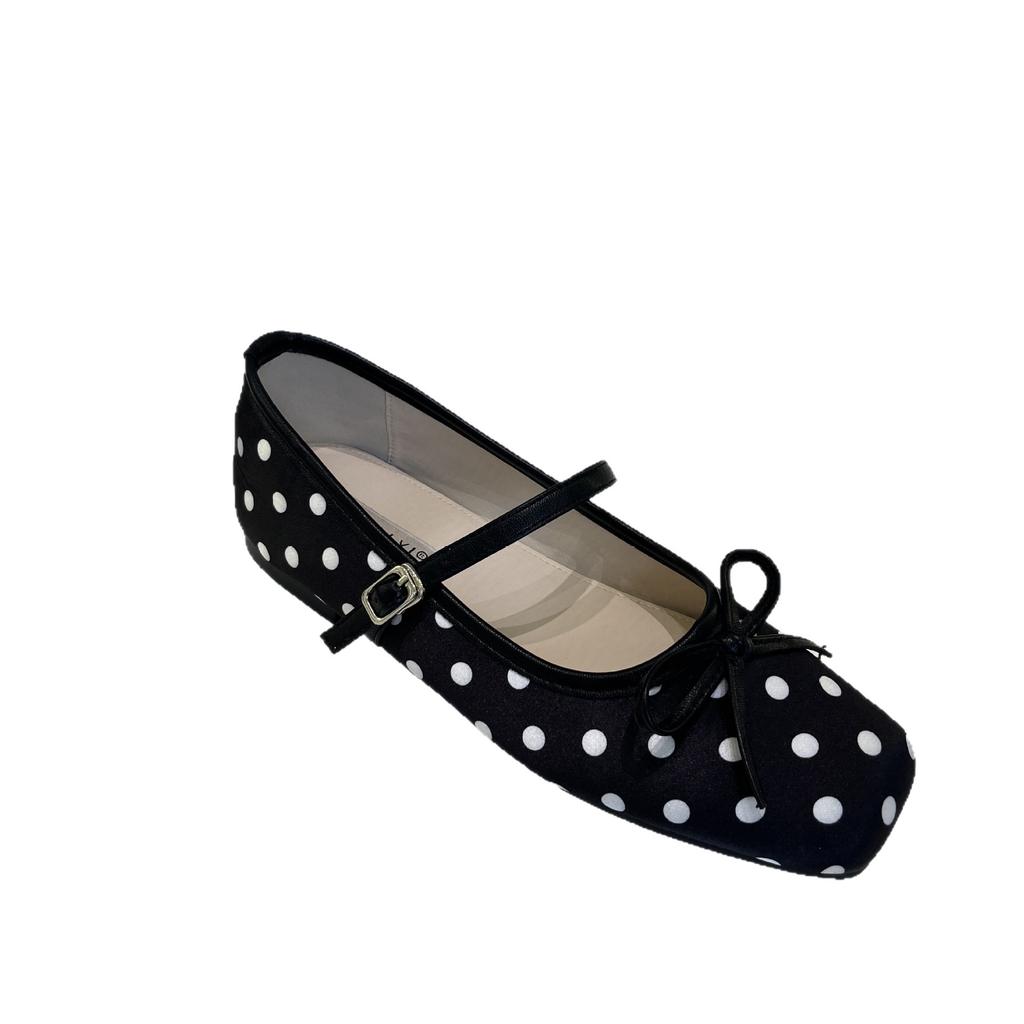 French Retro Polka Dot Small Single Shoes Square Head Mary Jane Shoes Summer Women'S Word With Flat Shoes