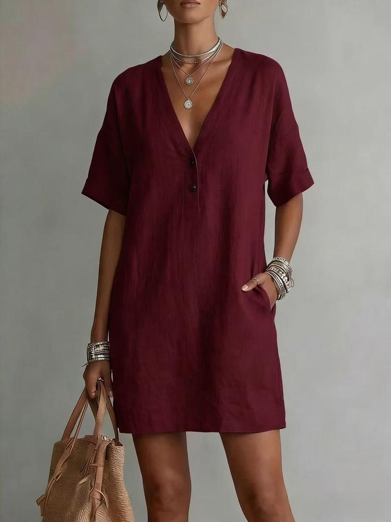 Casual Solid Color Loose V Neck Short Sleeve Button Pocket Midi Dress For Women