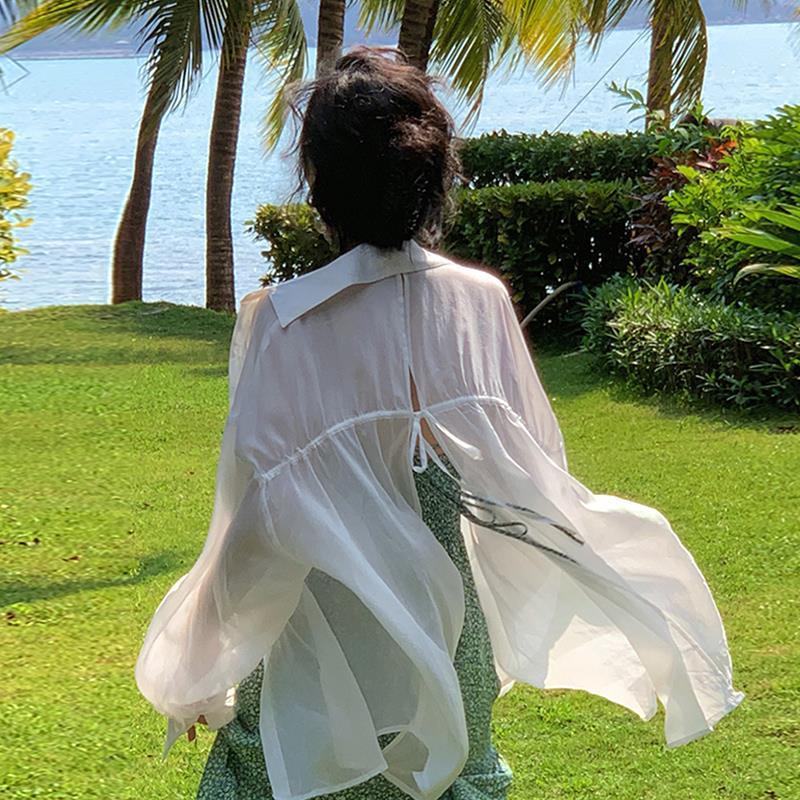 

Белая тонкая рубашка для женщин на лето французский ретро-дизайн ленивый стиль солнцезащитный топ с длинными рукавами свободный крой XL