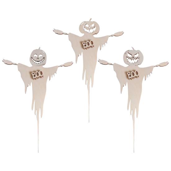 3 Pcs Halloween Cupcake Toppers Spooky Pumpkin Ghost Wooden Cupcake Pick for Halloween Theme Baby Shower Birthday Party Cake Decoration