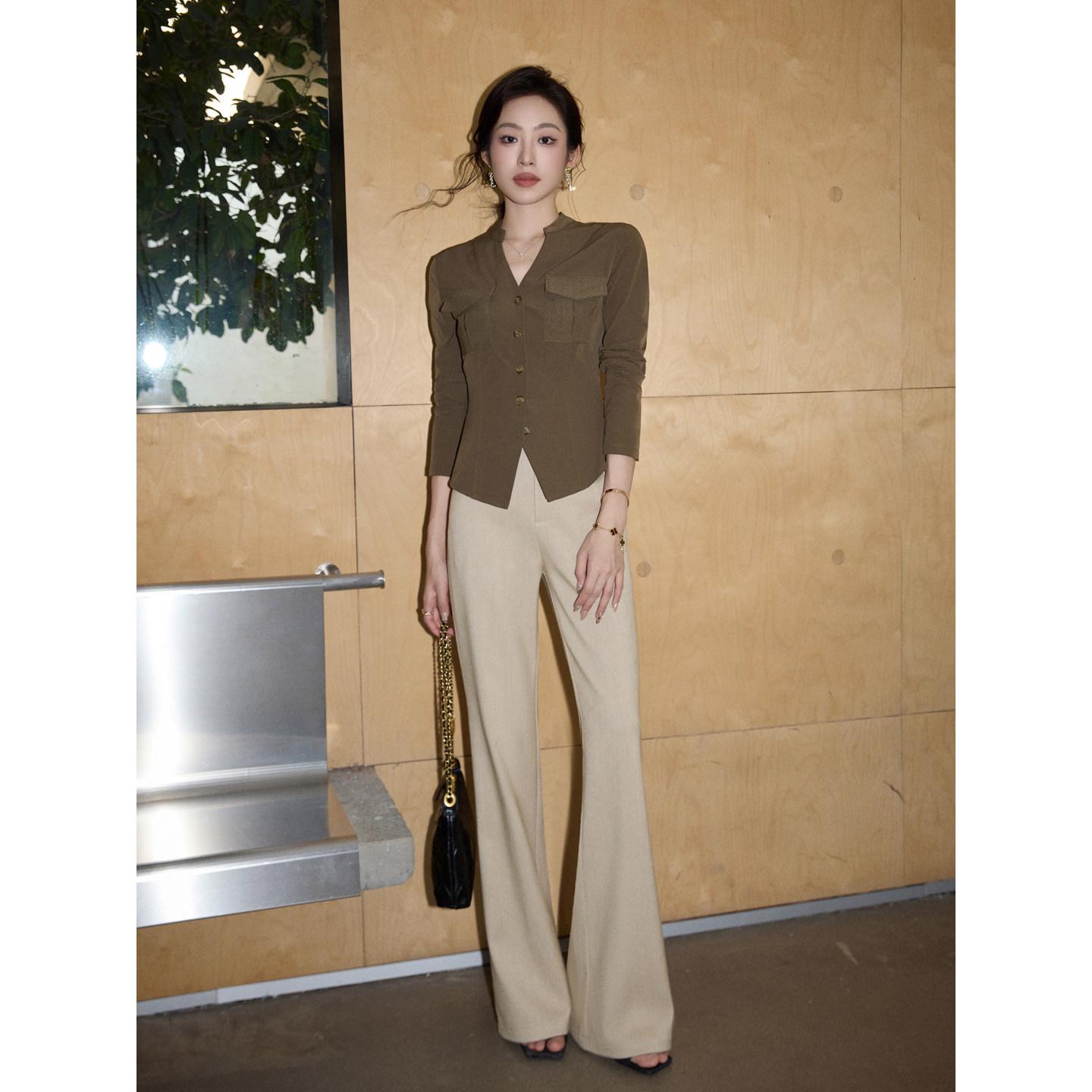 

Meina Women s Khaki High-Waist Micro Flare Trousers - 2025 Autumn/Winter Old Money Style M for 100-115 jin