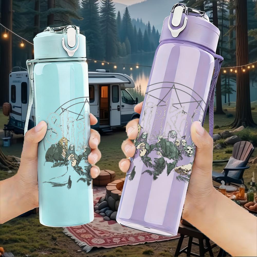 1PC Forest tree circular sketch print 750ml colorful plastic sports water bottle leakproof pop up lid with straw for outdoor work home use