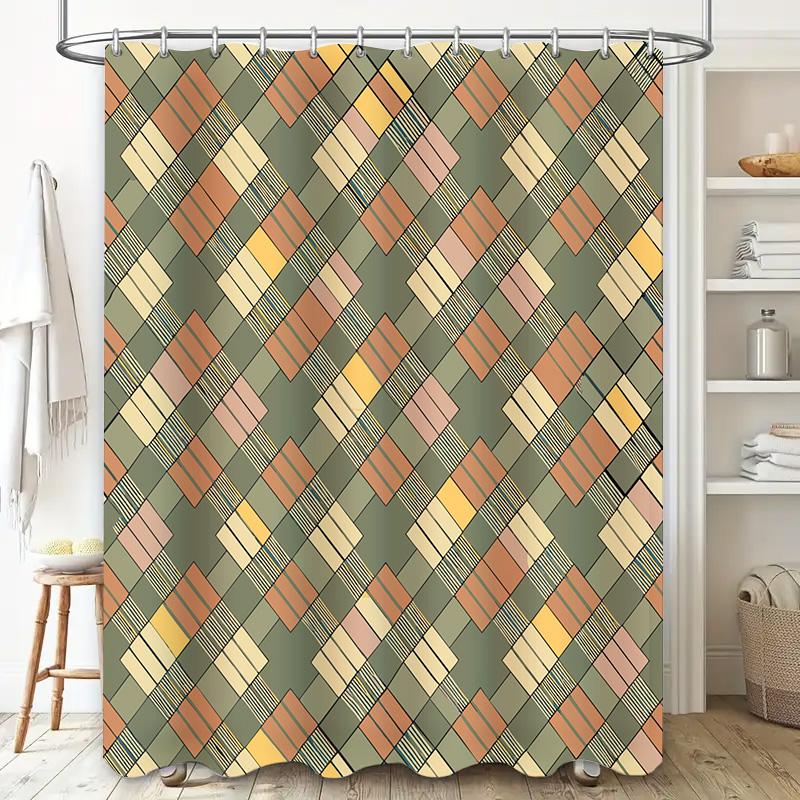 Plaid Shower Curtain Waterproof Fabric Decorative Bath Mat Home Decoration Red Blue Green White Striped Print Size Customizable