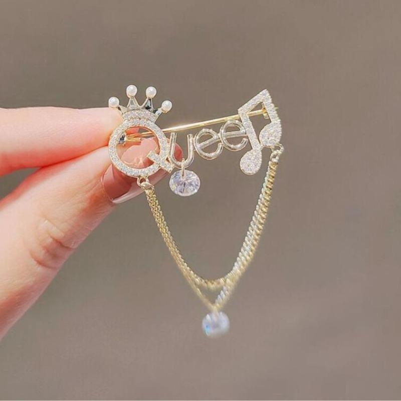Trendy Rhinestone Crown Queen with Tassel Brooches Lapel Pins for Women Clothes Sweater Pin Accessories Jewelry Gifts