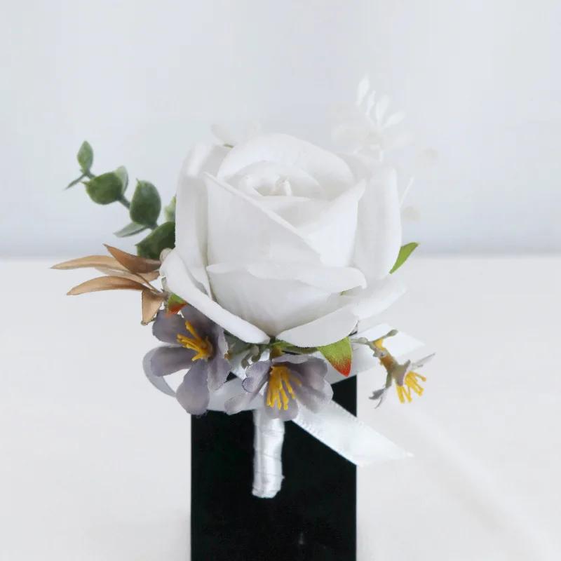 6pcs White Pink Corsage and Boutonniere Set Artificial Rose Wristlet Suit Flower for Men Wedding Party Prom Decoration