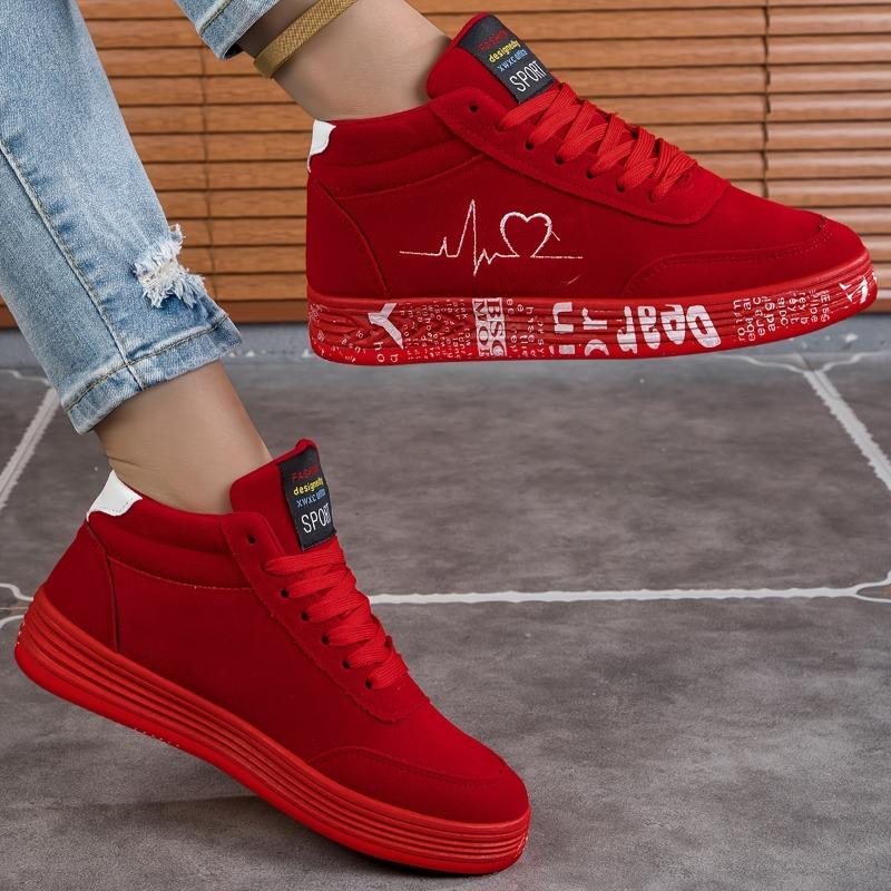 Heart-shaped Red Sneakers, Summer Breathable Mid-top Shoes, Trendy And Versatile Outdoor Sports Skateboarding Shoes, Women's Casual Shoes