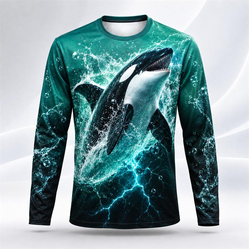 Whale Shark Ocean Pattern Men Long Sleeve Crew Neck T Shirt 3d Print Animal Graphic Top Casual Tee For Ocean Lovers Daily Street