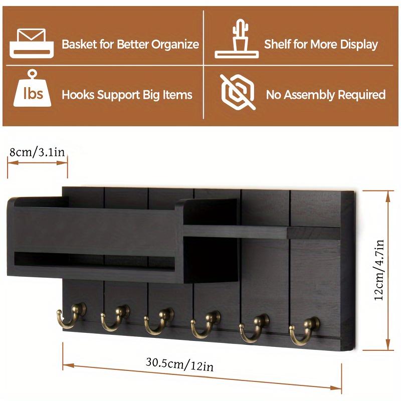 Solid Wood Wall-Mounted Organizer, Multi-Purpose Mail Key Hook Rack, Compact Storage Shelf for Bedroom Study Entryway Home Decor