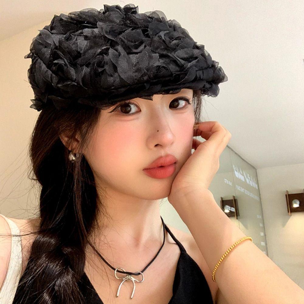 Retro Thin Beanies Hat Korean Painter Artist Cap New Rose Flower Beret Hats