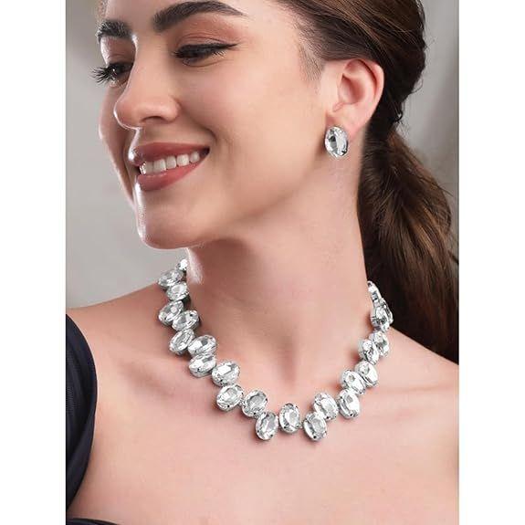Oxidized Silver/Gold-Plated Artificial Jewelry Set with Crystal & stone Studded with Matching Earrings For Women and Girls