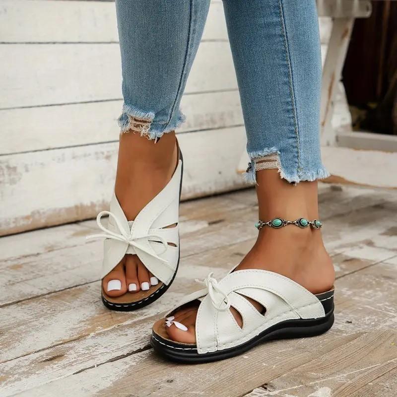 Large Size Bow Wedge Heel Flat Bottom Cool Slippers New Solid Color Fish Mouth Hollow Hole Shoes