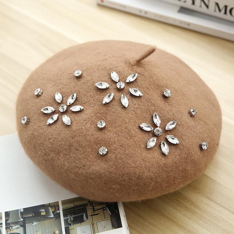 VISROVER Woman Wool Winter Beret DIY Female Rhinestone Wool Cap Autumn Winter Hat Solid Color Top Quality Women Boina Wholesales