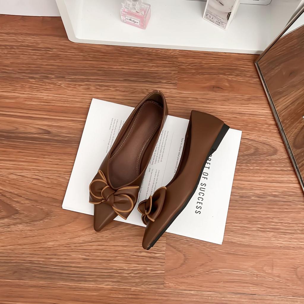 Bow pointed single shoes women's soft soles are not tired feet thick heels flat shoes light luxury comfortable soft leather work shoes versatile